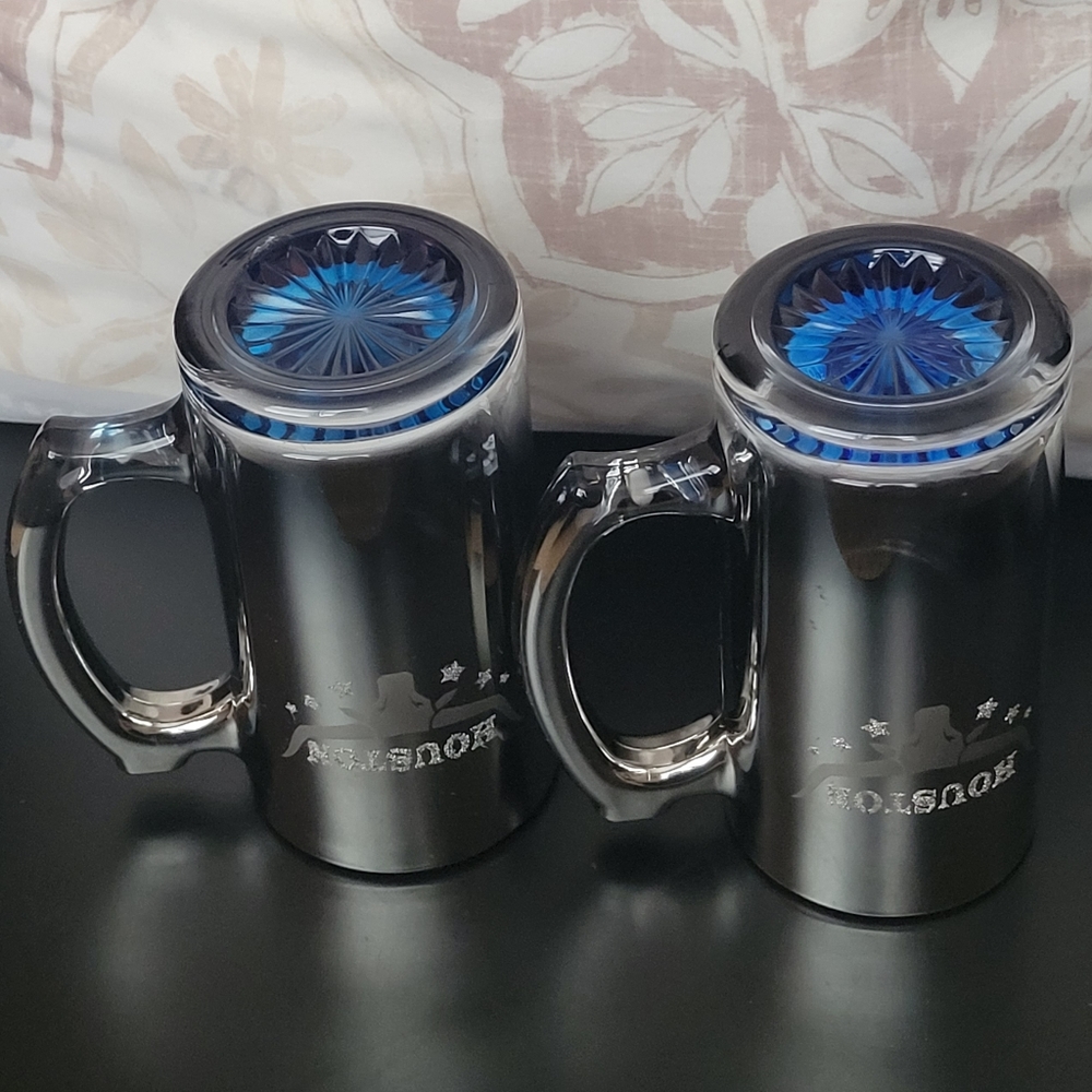 Houston Texas Bulls Silver & Blue Etched Glass Beer Mugs